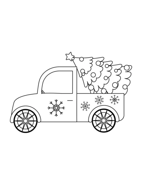 クリスマスツリーとかわいいトラック 子供のための黒と白のクリスマスの着色ページ — ストック写真
