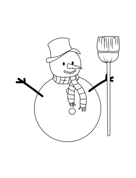 Симпатичный Снеговик Метлой Черно Белая Рождественская Раскраска Детей — стоковое фото