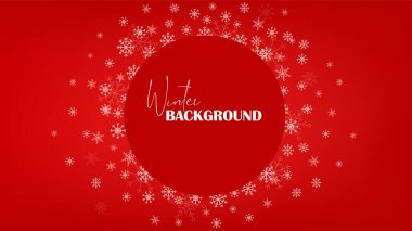 Noel sınırında ve beyaz kar taneleri kırmızı eğimli arka planda. Dizaynınız için şirin düz karoon tarzında vektör illüstrasyonu. Metin için alanı kopyala.