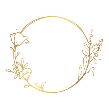 Elle çizilmiş altın gelincik çiçeği çelengi beyaz arka planda izole edilmiş şirin karalama tarzında. Kartpostal, düğün davetiyesi, doğum günü için lüks vektör ilüzyonu. Metin için alanı kopyala.