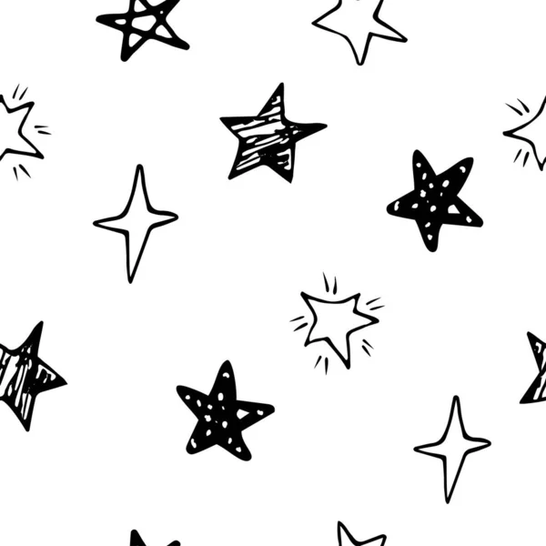Dessiné Main Étoiles Doodle Noir Motif Isolé Sans Couture Illustration — Image vectorielle