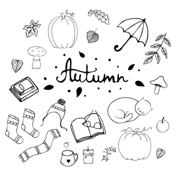 Handgezeichnete Herbstsymbole Set Kürbis Kerze Tasse Buch Gläser Gestrickte Socken — Stockvektor