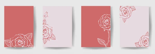 Mão Desenhada Rosa Folhas Definidas Casamento Floral Cartão Fundo Arte — Vetor de Stock