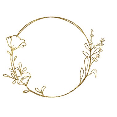 Elle çizilmiş altın parıltılı gelincik çiçeği çerçevesi. Kartpostal, düğün davetiyesi, doğum günü, baskı için lüks vektör görüntüsü. Mesaj için boşluk kopyala