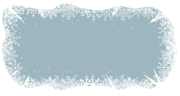 Fondo Azul Invierno Con Marco Blanco Congelado Horizontal Copos Nieve — Vector de stock