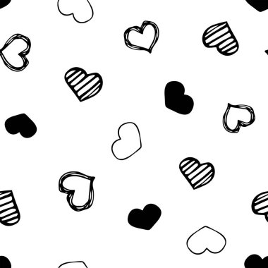 Siyah karalamalı kalpler beyaz arka planda pürüzsüz desen. Moda aşkı grafik tasarımı. Sevgililer Günü baskısı konsepti. Kumaş ve arkaplan şablonu. 