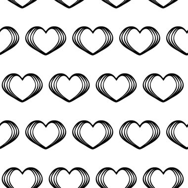 Siyah karalamalar beyaz arkaplanda kusursuz şekiller oluşturur. Moda aşkı grafik tasarımı. Sevgililer Günü baskısı konsepti. Kumaş ve arkaplan şablonu. 