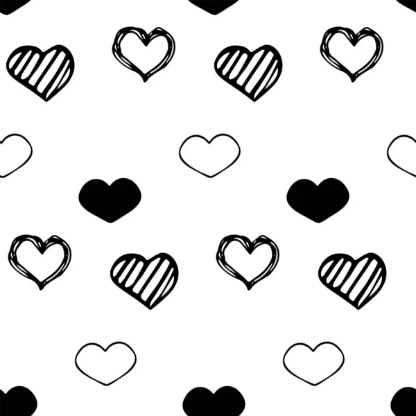 Zwarte Doodle Hartjes Naadloos Patroon Witte Achtergrond Mode Liefde Grafisch — Stockvector