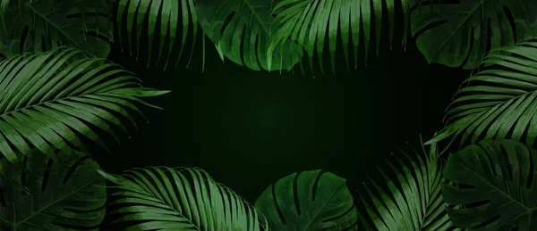 Karanlık arka planda gerçekçi canavarlar ve palmiye yaprakları. Tasarımın için modern arka plan. Doğum günü, parti kartı, davetiye, moda. Metnin için boşluk kopyala.