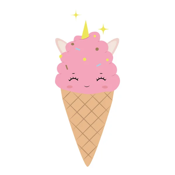Cute Smiling Pink Unicorn Ice Cream Character Close Eyes Vector — Stock Vector