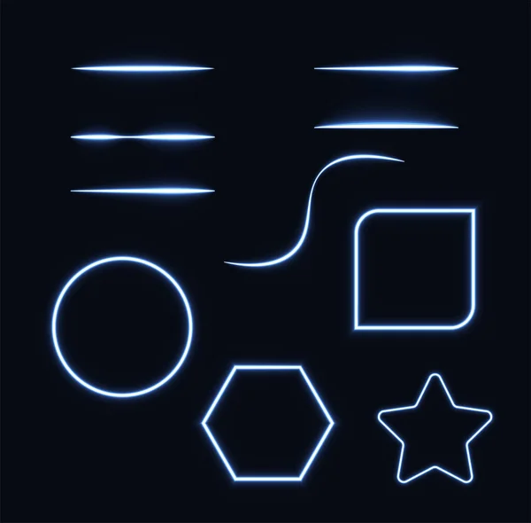 Neon fırçalar hazır. Çizgiler, çember, yıldız, kare, altıgen gibi ışık nesneleri koyu arkaplanda. 
