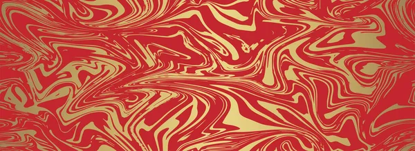 Akışkan boya kusursuz desen tasarımı. Kırmızı arkaplan mermer jeot üzerinde altın sıvı çizgiler. Boya akış stili. Vektör illüstrasyonu. Blöflü yaratıcı bir arka plan. Yatay Pankart.