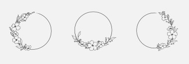 Çiçekli güzel çelenk, yapraklı çelenk ve böğürtlenli dal. Doğrusal yapraklı ve böğürtlenli çiçek deseni. Zarif süsleme unsurları ile vektör şablonu.