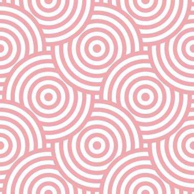 Pembe örtüşen eşmerkezli daireler beyaz arka planda kusursuz desen. İzler, kapak, kumaş, tekstil ve daha fazlası için vektör illüstrasyonu.