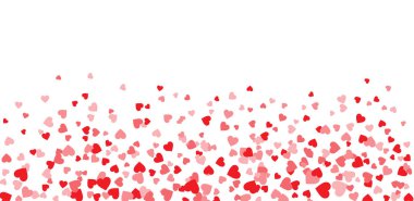 Uçan kırmızı kalpler beyaz arka planda izole edilmiş. Modern zarif kapak tasarımı arka planı. Elit premium vektör şablonu, tebrik kartı, broşür, sunum, pankart. Boşluğu kopyala.