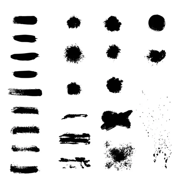 Siyah mürekkep kenarları, fırça darbeleri, lekeler, pankartlar, sıçramalar, lekeler izole edilmiş ve beyaz arka planda gruplandırılmış. Elle çizilmiş grunge ögelerinin vektör koleksiyonu, şekiller.