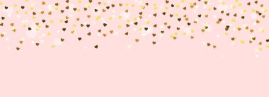 Pembe arka planda izole edilmiş altın kalpli konfeti. Vektör çizimi. Parti dekorasyonu, doğum günü kutlaması, pankart, yıldönümü için parıltılı altın kalpler. Festival Dekoru.