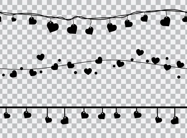 Černá Srdce Visící Průhledném Pozadí Hladké Hranice Nastavit Vektorová Ilustrace — Stockový vektor