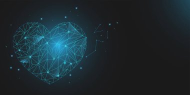 Blue low poly heart shape with lights on dark background. Elegant blank banner with realistic heart. Vector illustration for poster, cover, sale, wedding, Valentines card without text. Abstract love.