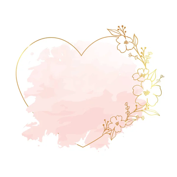 ピンクの水にかわいいドアスタイルで手描きの金のポピーの花のハートフレーム ポストカード 結婚式の招待状 誕生日 ありがとうカードのための高級ベクトルラスタレーション テキストのスペースをコピー — ストックベクタ