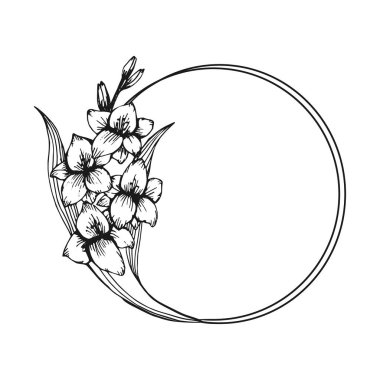 El çizimi siyah gladiolus çiçeği yuvarlak çelengi şirin karalama tarzında. Kartpostallar, düğün davetiyeleri, doğum günleri, alıntılar için lüks vektör teşvikleri, teşekkür kartı. Metin için alanı kopyala.