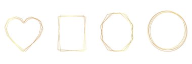 Bir dizi altın çerçeve. Düğün davetiyeleri, alıntılar ve düğün kartları için harika. Soyut şekiller - elips, reectangle, kalp ve elmas, çokgen lüks koleksiyonu. Vektör illüstrasyonu.
