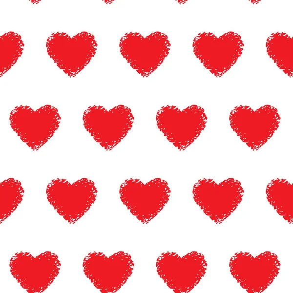 Kırmızı karalamalı kalpler beyaz arka planda pürüzsüz desen. Moda aşkı grafik tasarımı. Sevgililer Günü baskısı konsepti. Kumaş, kapak, paket, ambalaj kağıdı, tekstil için vektör illüstrasyonu.