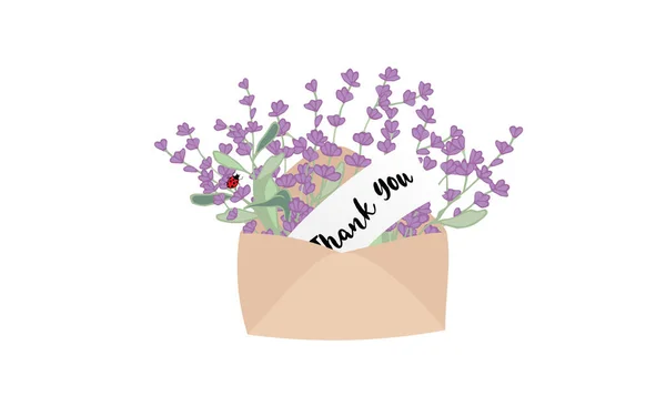 手描きラベンダーの花と引用符でテントウムシとヴィンテージオープン封筒ありがとうございます シンプルな漫画風のかわいいストックベクトルイラスト ありがとうカード — ストックベクタ