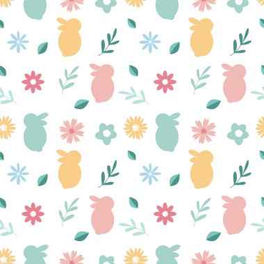 Tavşanlı basit paskalya deseni, çiçekler ve yapraklar beyaz arka planda izole. Afişler, posterler, sosyal medya hikayeleri, tebrik kartları ve kapak tasarımı şablonları için vektör ilülasyonu.