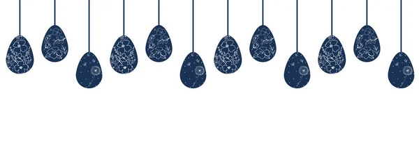 Oeufs Bleu Marine Ornés Fleurs Suspendues Sur Fond Blanc Motif — Image vectorielle
