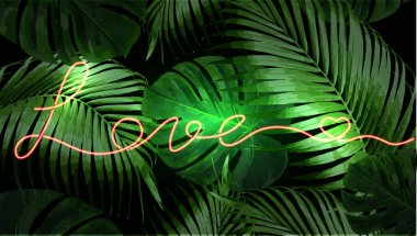 Koyu arkaplanda gerçekçi canavarlar ve palmiye yaprakları ve neon şeklinde kalp şeklinde aralıksız aşk metinleri. Parti için resim, kart, davetiye, moda. Metnin için boşluk kopyala.