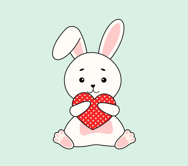 Kırmızı kalp taşıyan şirin Paskalya tavşanı. Poster, afiş, satış, baskı, parti için vektör illüstrasyonu.