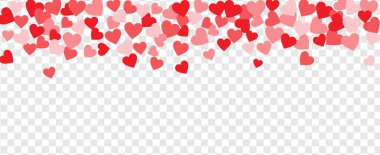 Düşen kırmızı kalpler konfetisi transparenr arka planda izole edildi. Modern zarif kapak tasarımı. Lüks moda. Pankart, satış, anneler günü, sevgililer günü için elit premium vektör şablonu. Boşluğu kopyala