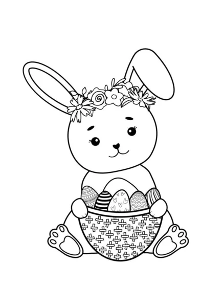 Paskalya tavşanı elinde süslü yumurta boyama sayfası A4 olan şirin bir sepet tutuyor. Boyama kitabı için Vektör illüstrasyonu.