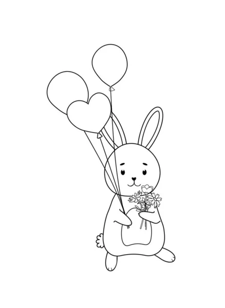 Balon Çiçek Buketi Tutan Şirin Paskalya Tavşanı Boyama Sayfası Için — Stok Vektör