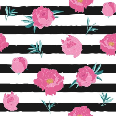 Yeşil yaprakları ve siyah çizgileri olan el yapımı şakayıklar beyaz arka planda izole edilmiş. Tekstil, kumaş, davet ve daha fazlası için vektör illüstrasyonu.