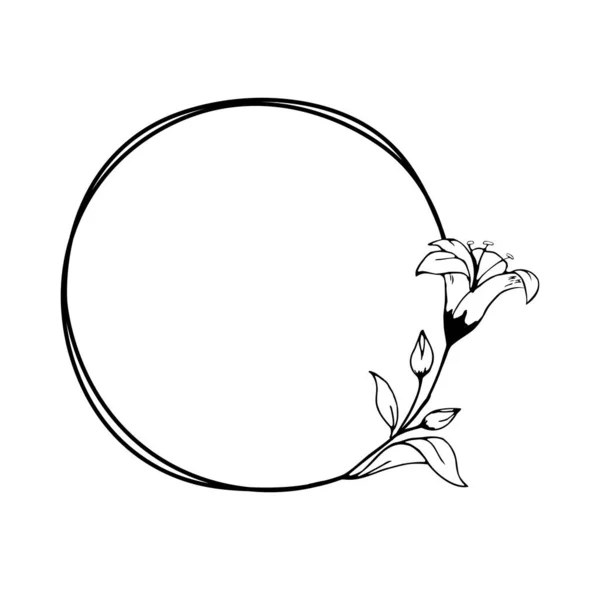 Рука Намальована Чорна Квітка Лілії Круглий Вінок Милому Каракулі Стилі — стоковий вектор