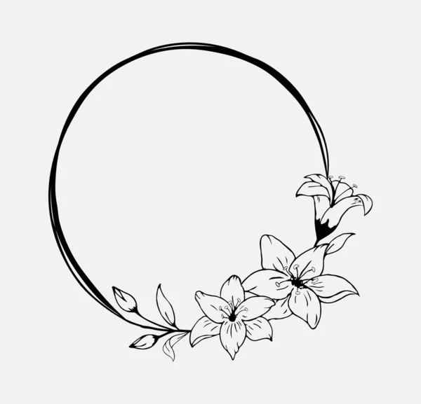 Couronne Ronde Fleurs Lis Noir Dessinée Main Dans Style Mignon — Image vectorielle