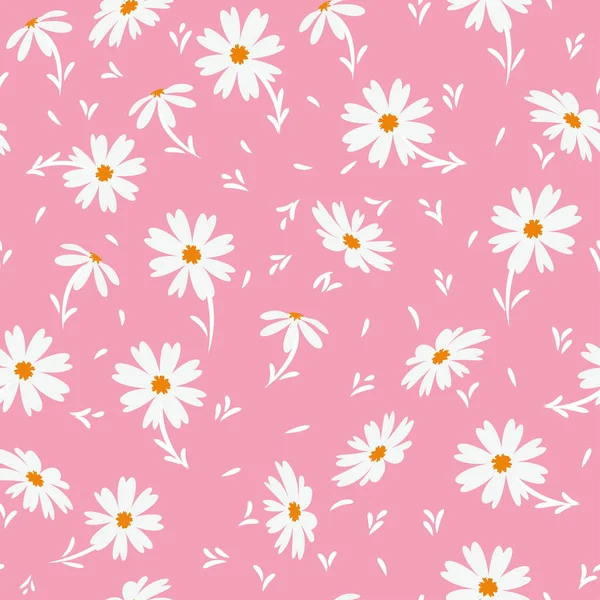 ピンクの背景に孤立した白いドアカモミールやデイジーの花 手描きの花のシームレスパターンベクトルイラスト 赤ちゃんの女の子 ギフトラップなどのための素晴らしい — ストックベクタ