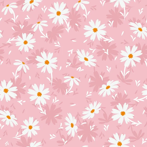 白色的多朵洋甘菊或雏菊花 在粉红的背景上被隔离 手工绘制的无缝图案矢量图解 适用于纺织 礼品包装等行业 — 图库矢量图片