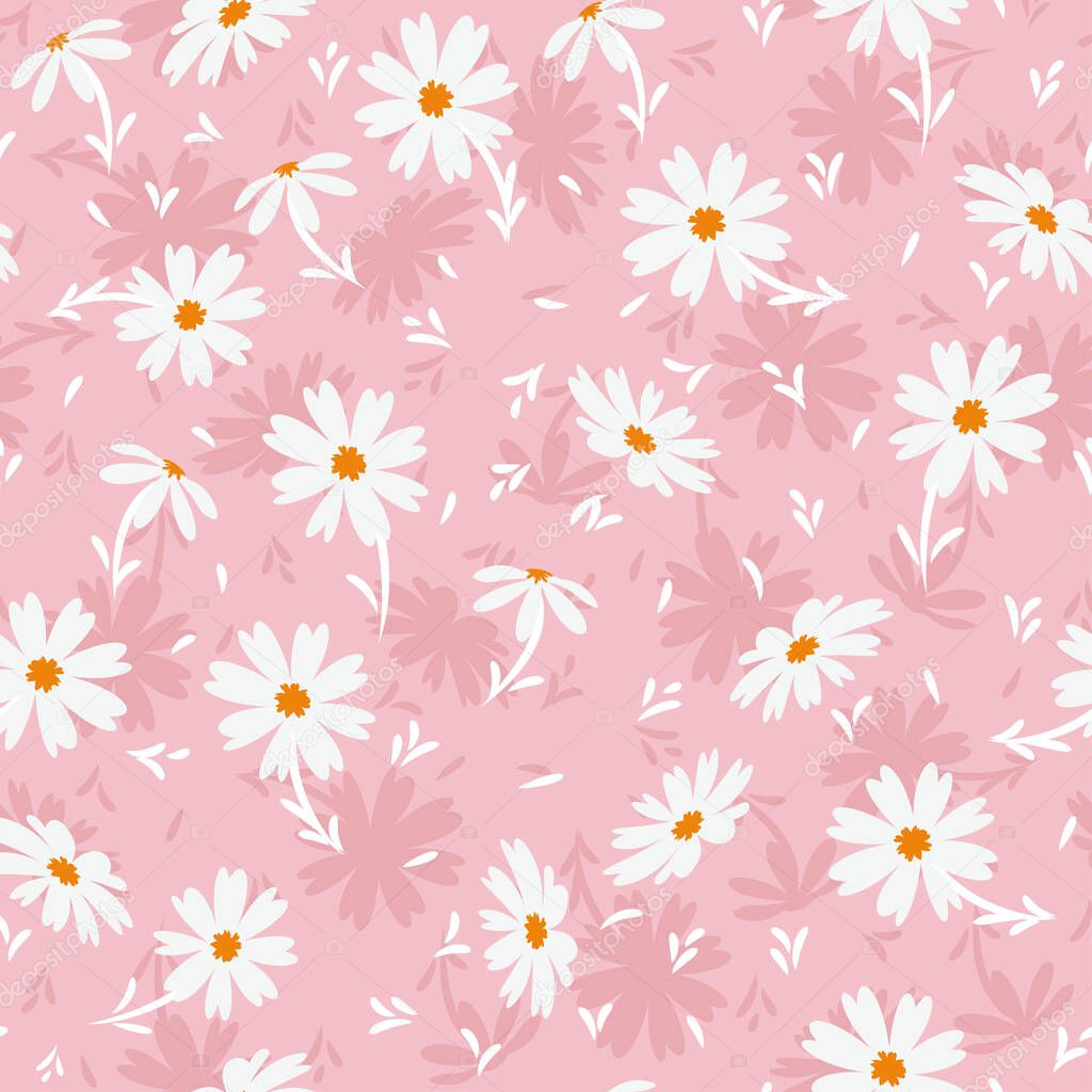 White doodle chamomile or daisy flowers isolated on pink background. Hand drawn floral seamless pattern vector illustration. Great for textile, paper, baby girl, fabric, gift wrap and more.