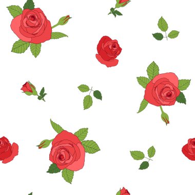 El çizimi kırmızı gül, beyaz arka planda izole edilmiş yeşil yapraklı, pürüzsüz desen. Tekstil, kumaş, davet ve daha fazlası için vektör illüstrasyonu.