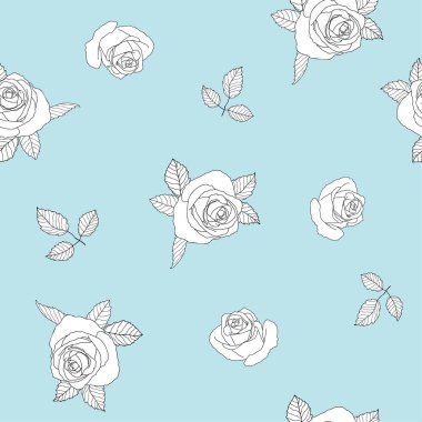 Mavi arka planda, el çizimi siyah ve beyaz gül desenli şirin karalama tarzı. Kumaş, tekstil, ambalaj kağıdı ve daha fazlası için vektör görüntüleme
