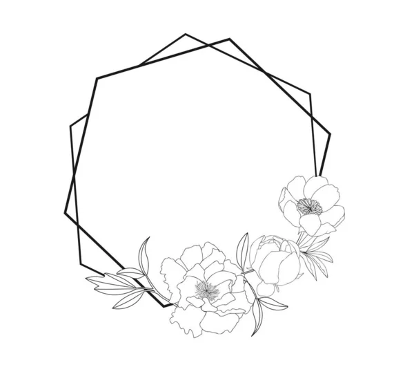 Fleur Pivoine Noire Dessinée Main Cadre Hexagonal Dans Style Mignon — Image vectorielle