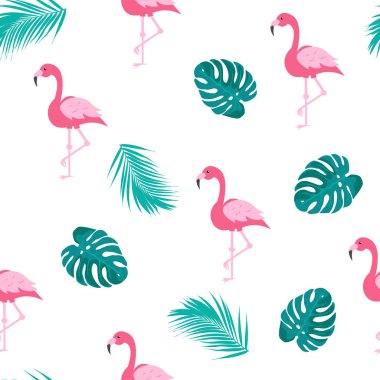 Renkli flamingo ve tropikal yapraklar pürüzsüz desen. Kağıt, ambalaj, kumaş tasarımı, baskı, tekstil ve daha fazlası için karikatür biçiminde yaz sembolü çizimi.