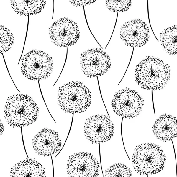 Hand Drawn Black Flying Dandelions Cute Doodle Style Seamless Pattern — ストックベクタ