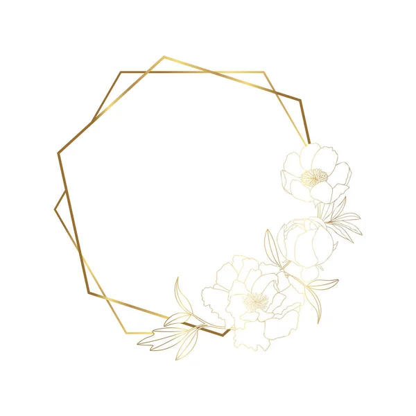 手描きの黄金の牡丹の花六角形の花輪はかわいい人形のスタイルで はがき 結婚式の招待状 誕生日 引用符のための豪華なエレガントなベクトルイラスト ありがとうカード 化粧品 スペースのコピー — ストックベクタ