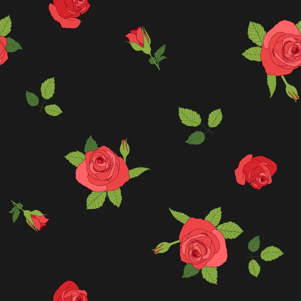 Hand Drawn Cartoon Red Rose Green Leaves Seamless Pattern Isolated — Wektor stockowy