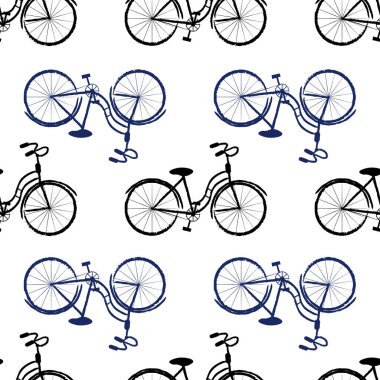 Siyah ve mavi bisiklet pürüzsüz desen. Kumaş, tekstil, kağıt, kart tasarımı veya bebek kıyafetleri için vektör illüstrasyonu.