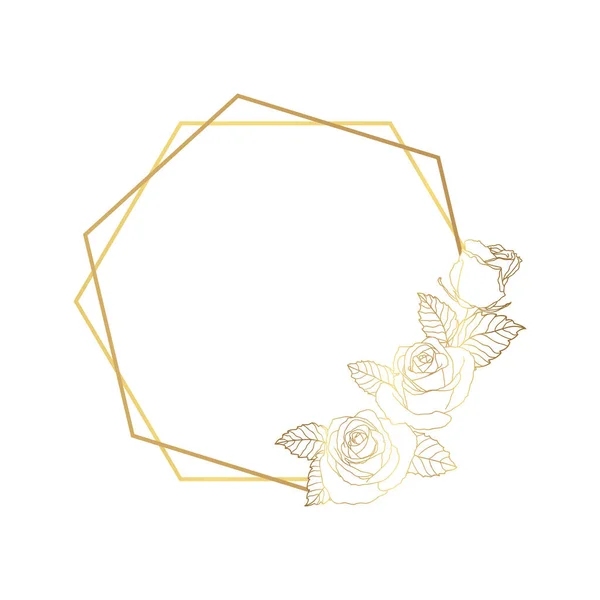 Hand Drawn Golden Roses Hexagonal Wreath Cute Doodle Style Luxury — Stockvector